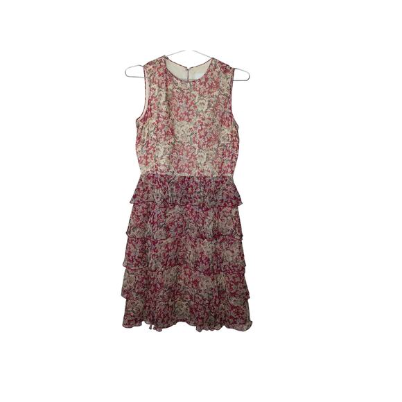 Anna Sui Size 4 Silk Pink Floral Sleeveless Tiered Ruffle Dress Boho Party” - Picture 2 of 13
